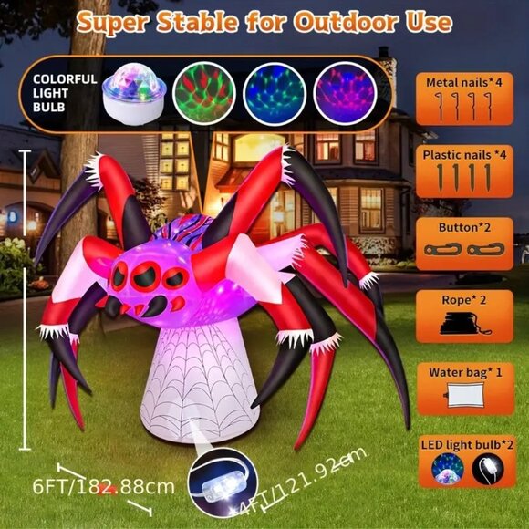6FT Halloween Inflatable Spider Decoration With Built-in LED For Halloween - Picture 2 of 2